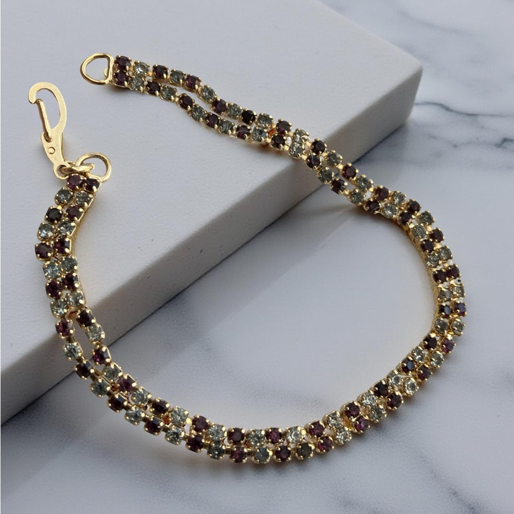 Tennis Bracelet Gold Tone Double Row Dark Burgundy Gray Clear Rhinestones Women